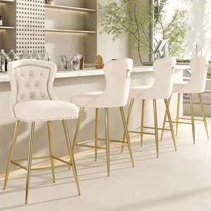 Farini Bar Stools Set of 4, Velvet Counter Height Bar Stools with Metal Legs, Button Tufted and Nailheads Trim, Wing-Back Bar Chairs for Kitchen Island Dining Room Pub, Beige