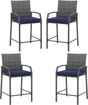 JOIVI Outdoor Bar Stools Set of 4, Rattan Patio Counter Height Bar Stools with Cushions, Outdoor Counter Stools Chair with Armrest and Footrest for Indoor, Garden, Poolside, Lawn, Balcony, Navy Blue
