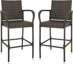 SUPER DEAL Upgraded Wicker Bar Stool Chairs Outdoor Backyard Rattan Chair w/Iron Frame, Armrest and Footrest (2)
