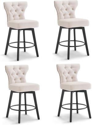 Counter Height Barstools 26 inch Upholstered Button Tufted Swivel Bar Stools with Back and Wood Legs for Kitchen Island,Set of 4,Beige Fabric-Nailhead Trim