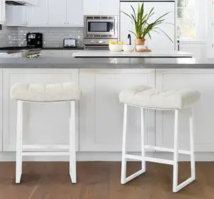 White & Beige Counter Height Bar Stools Set of 2 for Kitchen Counter Modern Backless Barstools with Upholstered Faux Leather Seat and Metal Frame Industrial 24 inch Bar Chairs