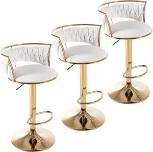 DUOMAY Modern Swivel Bar Stools Set of 3, Velvet Adjustable Height Barstools Low Back Kitchen Island Counter Bar Chair with Golden Base, White
