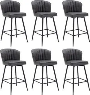 Grey Leather Counter Stools Set of 6 Mid Century Modern Bar Stools Upholstered Counter Height Stool Chairs 26 Inch kitchen Island Chairs with Back, PU Faux Letaher