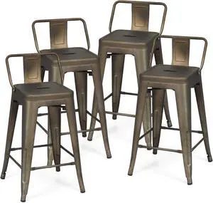 GOFLAME 24" Metal Bar Stools Set of 4, Industrial Cafe Side Chairs with Removable Back and Rubber Feet, Stackable Counter Stool for Bistro, Cafe, Kitchen, Living Room, Gun