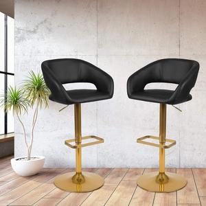 EMMA + OLIVER 2PK Black Vinyl Adjustable Height Barstool with Rounded Mid-Back and Gold Base