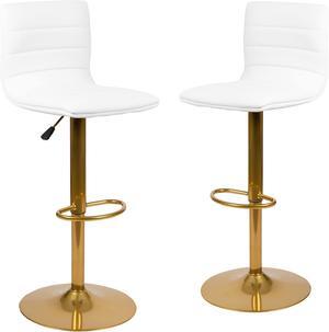 Flash Furniture Vincent Modern Vinyl Height Adjustable Bar Stools, Stylish Counter or Bar Height Swivel Stools with Footrests, Set of 2, White/Gold