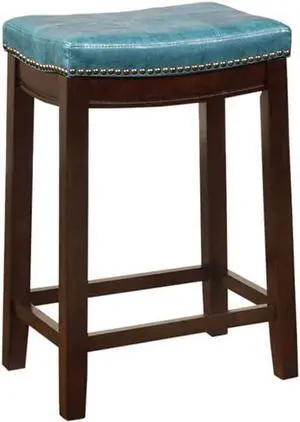 Linon Claridge Backless Counter Stool Blue Faux Leather Wood Frame in Dark Brown