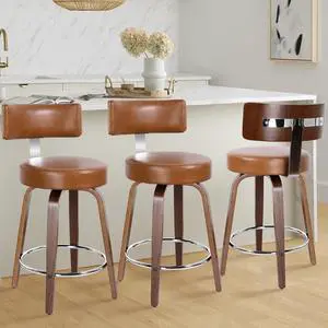 Counter Height Bar Stools Set of 3, Modern Swivel Barstools with Back and Round Seat, PU Leather Upholstered Bar Chairs Island Stools for Kitchen Counter, Walnut Bentwood Legs, Brown