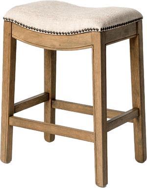 Maven Lane Adrien 26 Inch Counter Height Upholstered Backless Saddle Barstool in Natural Wood Finish with Wheat Cream Fabric Cushion Seat