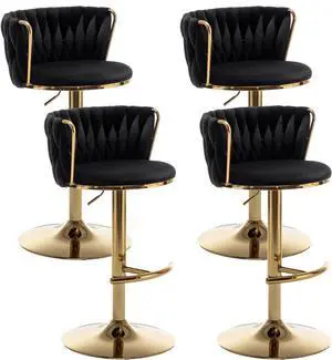 Gold Velvet Bar Stools Set of 4, Swivel Counter Height Bar Stools with Back, Adjustable Woven Barstools for Kitchen Island, Pub, Club (Black)