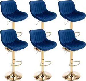 Kiztir Velvet Bar Stools Set of 6, Adjustable Counter Height Bar Stools with Back and Footrest, Gold Swivel Bar Stools Set of 6 for Kitchen Island, Bar, Cafe (Blue)