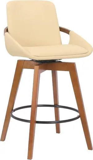 Armen Living Baylor Mid Century Modern Swivel Bar Stool for Kitchen Island Counter in Cream Faux Leather and Walnut Wood, 26" Seat Height