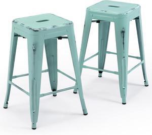 Vogue Furniture Direct 24 Inch Metal Bar Stools, Backless Counter Height Barstools, Indoor Outdoor Stackable Stools with Square Seat, Set of 2 (Distressed Mint Green)