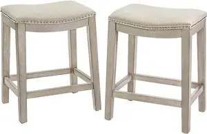 Barton Set of 2 Bar Stools Beige 24" Saddle Backless Premium Padded Indoor/Outdoor Nailhead Cushion Kitchen Counter Chairs Pub Seat Foot Rest
