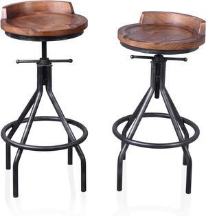 Set of 2 Industrial Bar Stools with Mini Backrest Swivel Wooden Seat Counter Height Adjustable 24.4-30.3inch Kitchen Dining Chair
