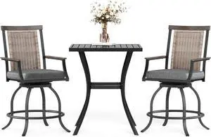 MFSTUDIO 3-Piece Outdoor Bar Set with 2 Swivel Wicker Rattan Cushion Chairs and 1 Metal Table, Perfect Patio Counter Height Table and Chairs
