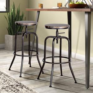 FurnitureR Vintage Industrial Swivel Counter Bar Stools Set of 2, Adjustable Height Stools for Kitchen Island, Round Wood Seat with Metal Frame, Walnut