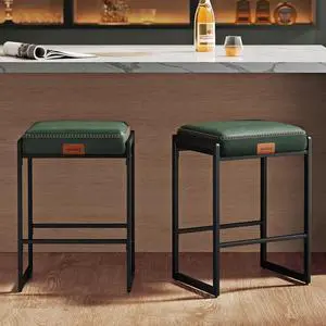 VASAGLE EKHO Collection - Bar Stools Set of 2, Counter Height Bar Stools, Synthetic Leather with Stitching, Mid-Century Modern Counter Stools, 26-Inch Tall, Kichen Home Bar Dining Room, Forest Green