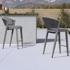 PURPLE LEAF Counter Height Bar Stool Set of 2 Modern Aluminum Rattan Wicker Outdoor Barstools with Backrest and Cushion for Kitchen Lawn Pool Bar Chairs Grey
