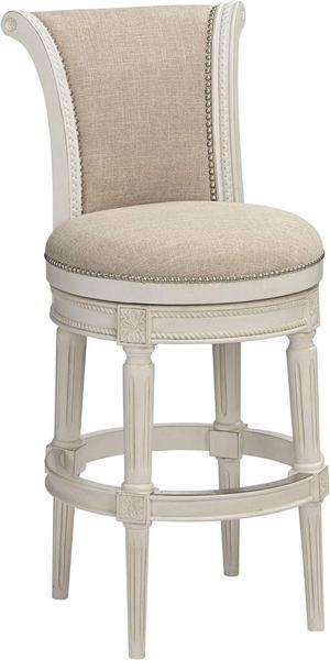 55 Downing Street Oliver Wood Swivel Bar Stool White 30 1/2" High Vintage Traditional Scroll Cream Woven Fabric Round Cushion with Backrest Footrest for Kitchen Counter Height Island Home Shed