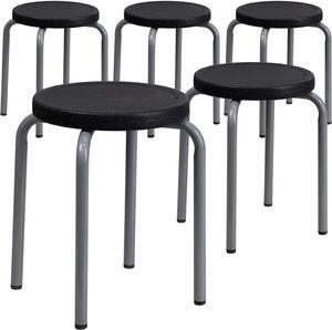 Flash Furniture Remington 5 Pack Stackable Stool with Black Seat and Silver Powder Coated Frame