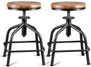 Industrial Bar Stool Vintage Farmhouse Kitchen Stool Counter Height Bar Stools Adjustable Swivel Bar Stool Metal Stool Kitchen Island Bar Stool Set of 2 (Black 2pcs, Wooden Top)
