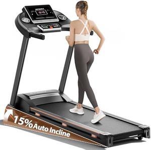 Treadmills for Home, Treadmill with 0-15% Auto Incline, 3HP Folding Treadmills for Running Walking with 300LBS Weight Capacity, Incline Treadmill Equipped with Bluetooth & Pulse Monitor
