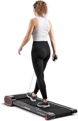 Sunny Health & Fitness Slim Under Desk Walking Compact Treadpad Treadmill with Remote Control, Digital Display, Shock Absorption, Optional Trekking Poles, Free SunnyFit App Bluetooth Connectivity