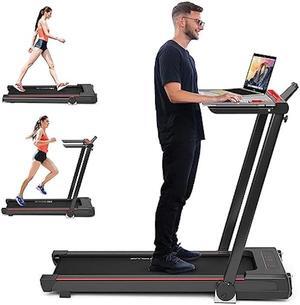 Goplus 3-in-1 Treadmill with Large Desk, 2.5HP Folding Electric Treadmills, LED Display, Remote Control, Blue Tooth Speakers, Walking Jogging Machine for Home/Office Use