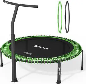 BCAN 500/560 LBS Soft Land Mini Trampoline, 40"/48" Fitness Trampoline, Bungees, T Shape Adjustable Foam Handle, Stable, Quiet Exercise Rebounder for Kids Adults Indoor/Garden Workout