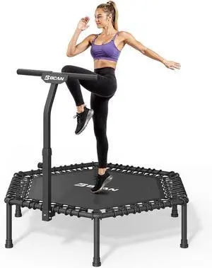 BCAN 51" Mini Hexagon Trampoline, Max Load 450 LBS Fitness Trampoline with T-Adjustable Handle Bar, Silent Bungees, Larger, More Stable, Quieter Exercise Rebounder for Adults Indoor/Garden Workout