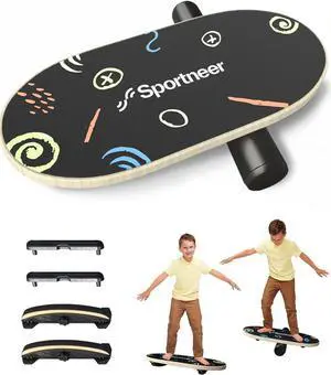 Sportneer Balance Board Kids Wooden Wobble Board for Kids, Safe and Sturdy Balance Trainer, Kids Balance Board for 3-5 6-12 (With Semi-circular Wobble Blocks)