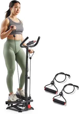 Sunny Health & Fitness Total Body 2-in-1 Smart Stepper Machine for Home with Handlebar and Resistance Bands, Total Body Workout, Adjustable Hydraulic, LCD Monitor, Non-Slip Pedals  330 LB Max Weight