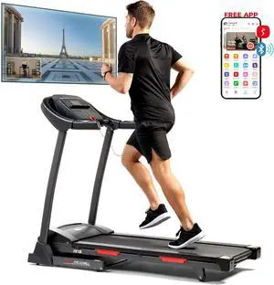 Sunny Health & Fitness Premium Folding Treadmill for Home with Adjustable Incline, Shock Absorption, Digital Monitor, Pulse Sensors, Speed Buttons, Optional Free SunnyFit App Bluetooth Connection