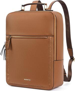 BOSTANTEN Leather Backpack 15.6 inch Laptop Bag Travel Casual Computer Backpack College Business Work Shoulder Bags with Trolley Sleeve for Women Men Brown