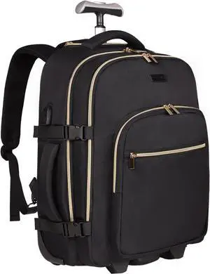 Rolling Backpack for Women, 17Inch Laptop Travel Backpack with Wheels, Carry on Luggage Airplane, Overnight Business Trolley Backpack Bag (Elegant Black) (In Patent)