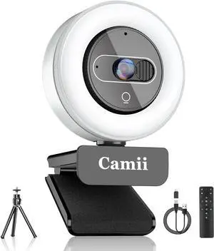 4K Webcam with Light, HD Webcam for PC with Remote Control, Built-in Privacy Cover, Adjustable Brightness, Noise Reduction Mics, for Zoom Skype Teams Laptop and Google Meet