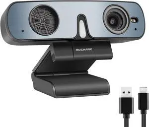 ROCWARE RC28 Webcam with Cardioid & Omnidirectional Microphone | HiFi Mode for Studio-Quality Audio, AI Noise Cancellation & Raw Audio Modes | 1080P 60FPS Web Cam for Streaming/Meetings/Beginners