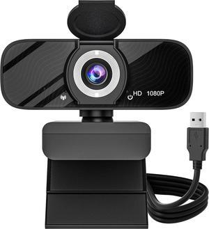 USB HD Webcam with Built-in Microphone and Rotatable Tripod, 1080P Video, Wide Angle Camera, Privacy Cover, for Desktop PC or Laptop ComputerBlack