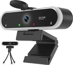 Webcam 4K with Microphone and Webcam Cover Plug and Play with Auto Light Correction for Laptop PC Desktop for Live Streaming Video Call Conference Online Lessons Game