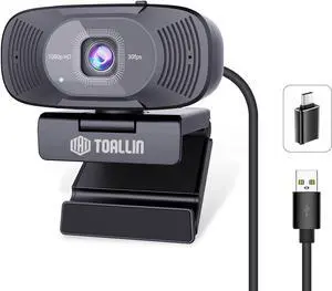 TOALLIN 1080P Full HD Webcam with Dual Microphones, Computer Web Camera, 90° Wide Angle View Without Distortion, USB Plug and Play Webcam for Video Conferencing/Online Calling/Live Streaming