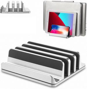 Vertical Laptop Stand [Updated Version],3-Slot Desktop Stand Holder with Adjustable Dock,4 in 1 Design Aluminum Space-Saving Laptop Stand for Desk MacBook/Surface/Samsung/HP/Dell/Chrome Book (Silver)