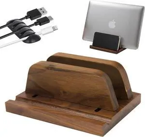 Vertical Laptop Stand Wood, Wooden Adjustable Laptop Holder Desk, Walnut, 2 Slot, Double, Upright Laptop Holder, MacBook Stand, Dock, Desktop Organizer, Fits MacBook, Other Laptops, Phone