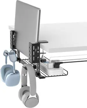 KDD 3-in-1 Laptop Stand Holder Storage, Adjustable Under Desk Cable Management Tray with Headphone Hanger and Cable Ties, No Drill Clamp on Desk Side Organizers Suitable for Laptop/Tablet/Headphone