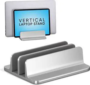 Kuzy Aluminum Laptop Stand, Dual-Slot Vertical Holder for MacBook, Gaming Laptops & Tablets, Adjustable & Secure, Silver, Laptop Stand Vertical