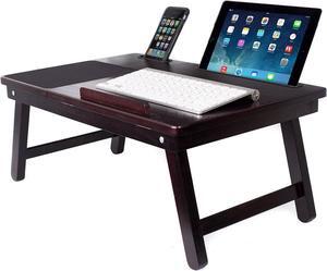 Multi Tasking Laptop Bed Tray - Portable Lap Desk for Writing, Eating, Study - Folding Table Stand for Couch, Dorm, Homework, Adults - Compact Wood Desk, Left Handed Tray - 18" - Walnut