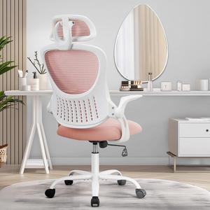 Home Office Desk Chair, Ergonomic Computer Managerial Executive Chairs High-Back Work Swivel Task Chairs with Wheels, Lumbar Support, Comfy Flip-up Armrest for Gaming, Study, Student, Pink