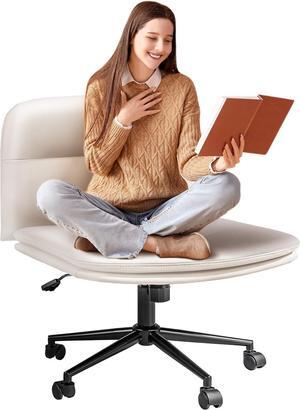 Criss Cross Chair with Wheels, Cross Legged Office Chair, Armless Wide Vanity Chair with Back, Desk Chair Comfy Wide Seat, Leather Swivel Accent Chair for Home Office (White)