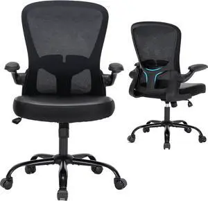 Office Chair, Ergonomic Desk Computer Chair with PU Leather Cushion, Home Office Desk Chairs with Flip-Up Arms and Adjustable Lumbar Support