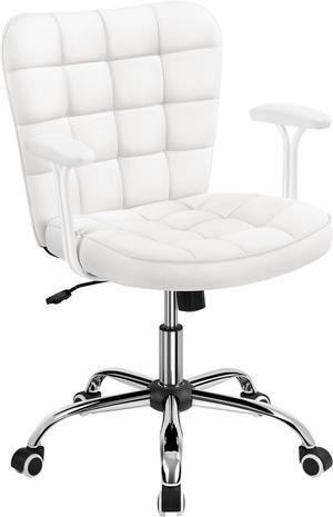 Yaheetech Mid Back Faux Leather Desk Office Chair Modern Upholstered Adjustable Tilting Vanity Chair with Detachable Padded Armrests for Home/Office,White